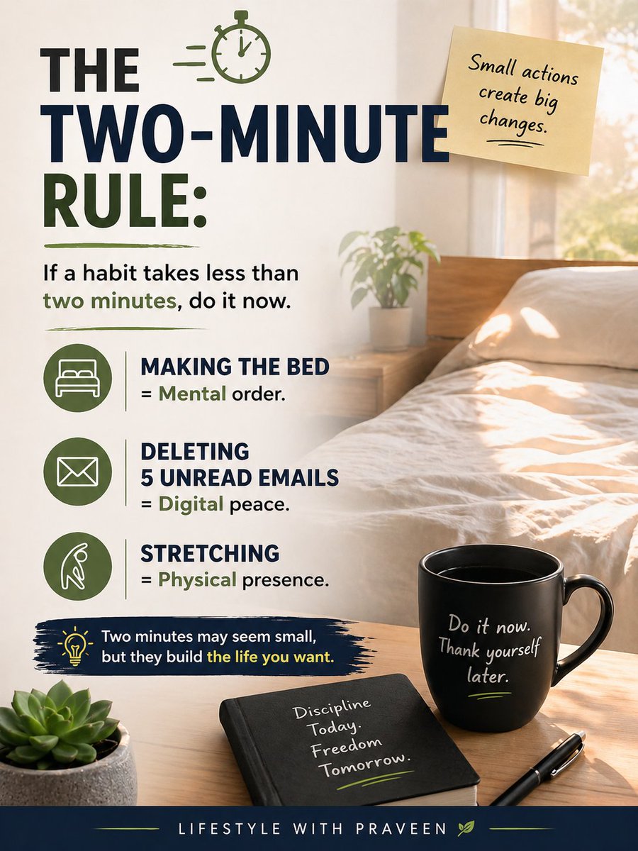 praveen70466721's tweet image. Small habits. Big impact. ⏳

Make your bed → Clear your mind
Delete 5 emails → Reduce noise
Stretch → Reconnect with your body
Start small. Stay consistent. Win daily.

#LifestyleWithPraveen #TwoMinuteRule #DailyHabits #Productivity #SelfGrowth