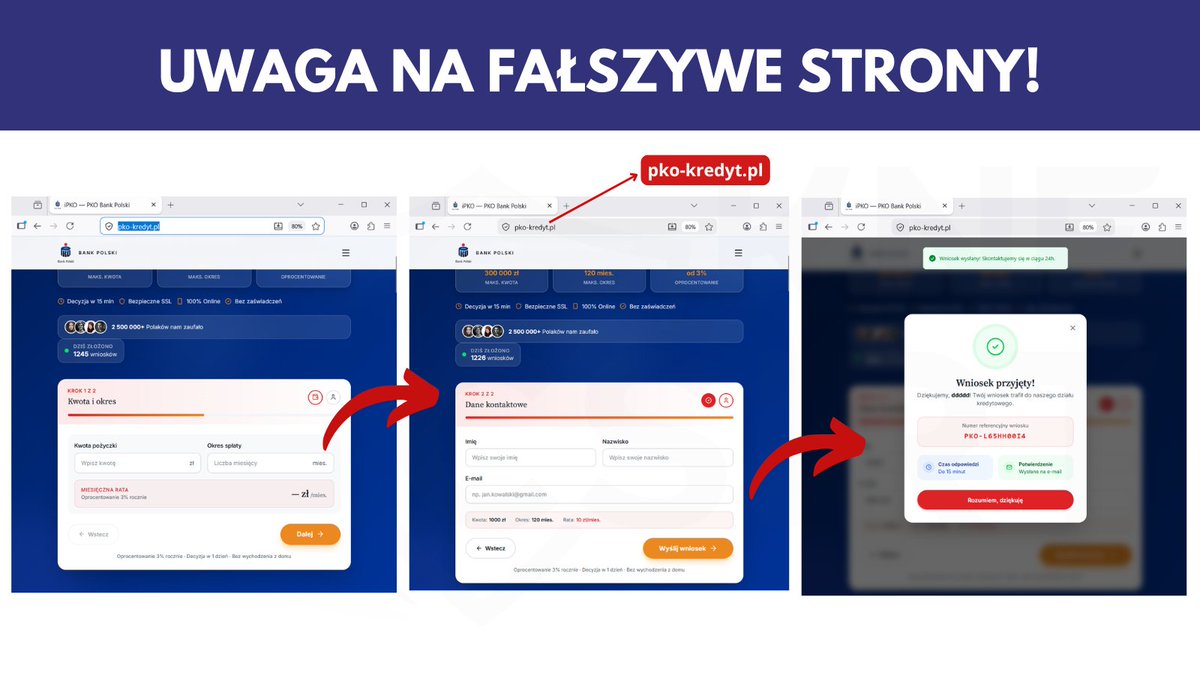 CSIRT_KNF's tweet photo. 🚨Uwaga! Cyberprzestępcy przygotowali fałszywe strony, na których podszywają się pod @PKOBP.  Oszuści na niebezpiecznych stronach zachęcają do złożenia wniosku o pożyczkę gotówkową.

🕵️‍♂️W kolejnym kroku, w celu rzekomego sfinalizowania umowy i uruchomienia wypłaty środków wymagają otworzenia konta kredytowego, przesłania dokumentu tożsamości oraz wyciągu bankowego. 

⚠️Bądźcie ostrożni i nie dajcie się oszukać!

1/2