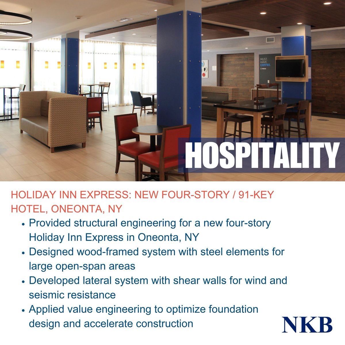 NKBDesign's tweet photo. Supporting hospitality from the ground up in Oneonta, NY. NKB provided structural engineering for a 4-story, 53,000 SF Holiday Inn Express, featuring wood framing, structural steel for open spaces, and a value-engineered slab design. More NKB insights @ https://t.co/nncmg18Ngz! https://t.co/JbgVk2w4Dz
