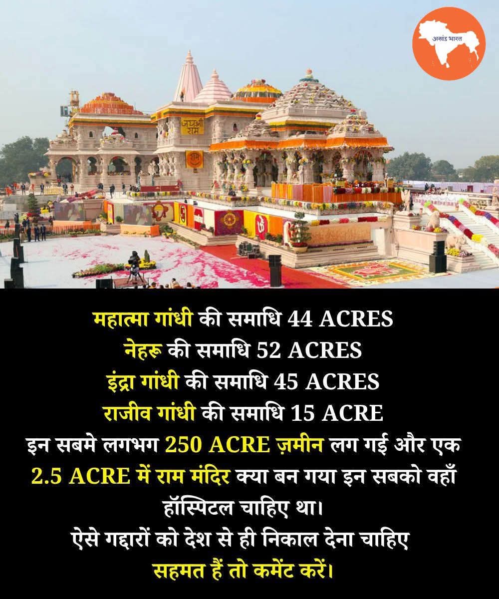 250 एकड़ समाधियाँ… और 2.5 एकड़ पर सवाल? सोचिए ज़रा!

महात्मा गांधी की समाधि 44 ACRES, नेहरू की 52 ACRES, इंदिरा गांधी की 45 ACRES और राजीव गांधी की 15 ACRE — कुल मिलाकर लगभग 250 ACRE ज़मीन। लेकिन जैसे ही 2.5 ACRE में राम मंदिर बना, कुछ लोगों ने तुरंत सवाल उठाने शुरू कर दिए कि