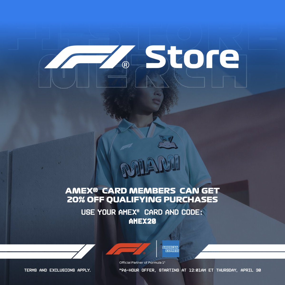 F1's tweet image. From April 30th to May 3rd, @AmericanExpress Card Members can get 20% off qualifying purchases by paying with an American Express® Card and using the code AMEX20 at check-out 💪

Find out more👉 usf1store.formula1.com/en/

In-stock merch only. Terms and exclusions apply 

#F1