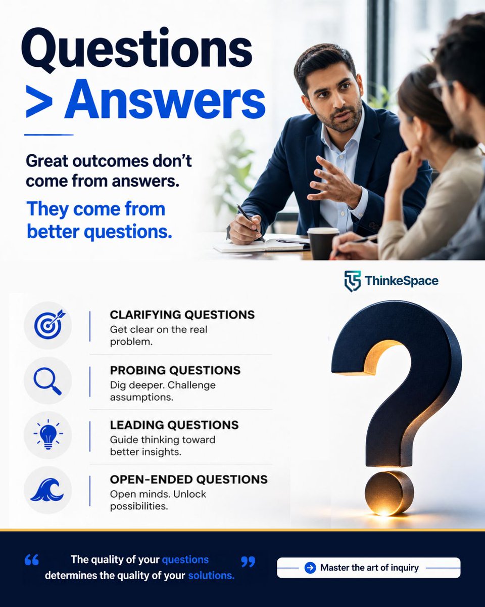 ThinkeSpace's tweet image. The best consultants don't have all the answers ✅
They ask the questions nobody else thought to ask

"What are we really trying to solve?" 
"What if the opposite were true?" 
"What would an ideal look like?"
Questions unlock insight

#ProblemSolving #CriticalThinking #Consulting