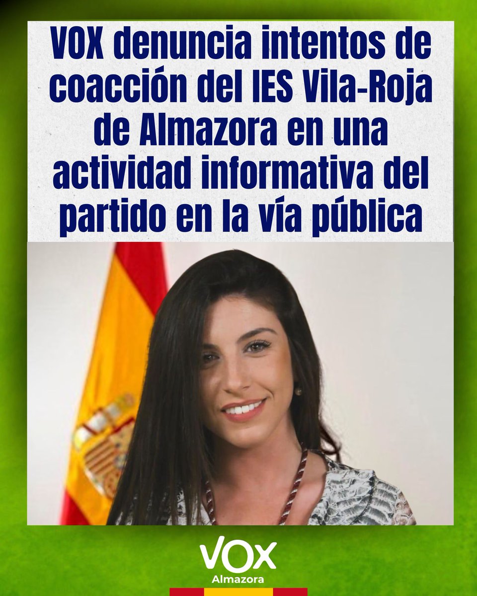 CastellonVox's tweet photo. ‼️ VOX denuncia coacciones en Almazora.

Nuestro equipo, encabezado por @Elenagonzalez0, fue increpado por la dirección del IES Vila-roja por informar y repartir pulseras en la vía pública.

Actuamos con educación.
No hubo altercados.
La Policía ni intervino, pasó de largo. 

🔴 Lamentamos que un medio provincial, @elmundocs, haya publicado una información sesgada e interesada, además de ser a todas luces falsa.

👉🏻 https://t.co/ahnZbSkqjI