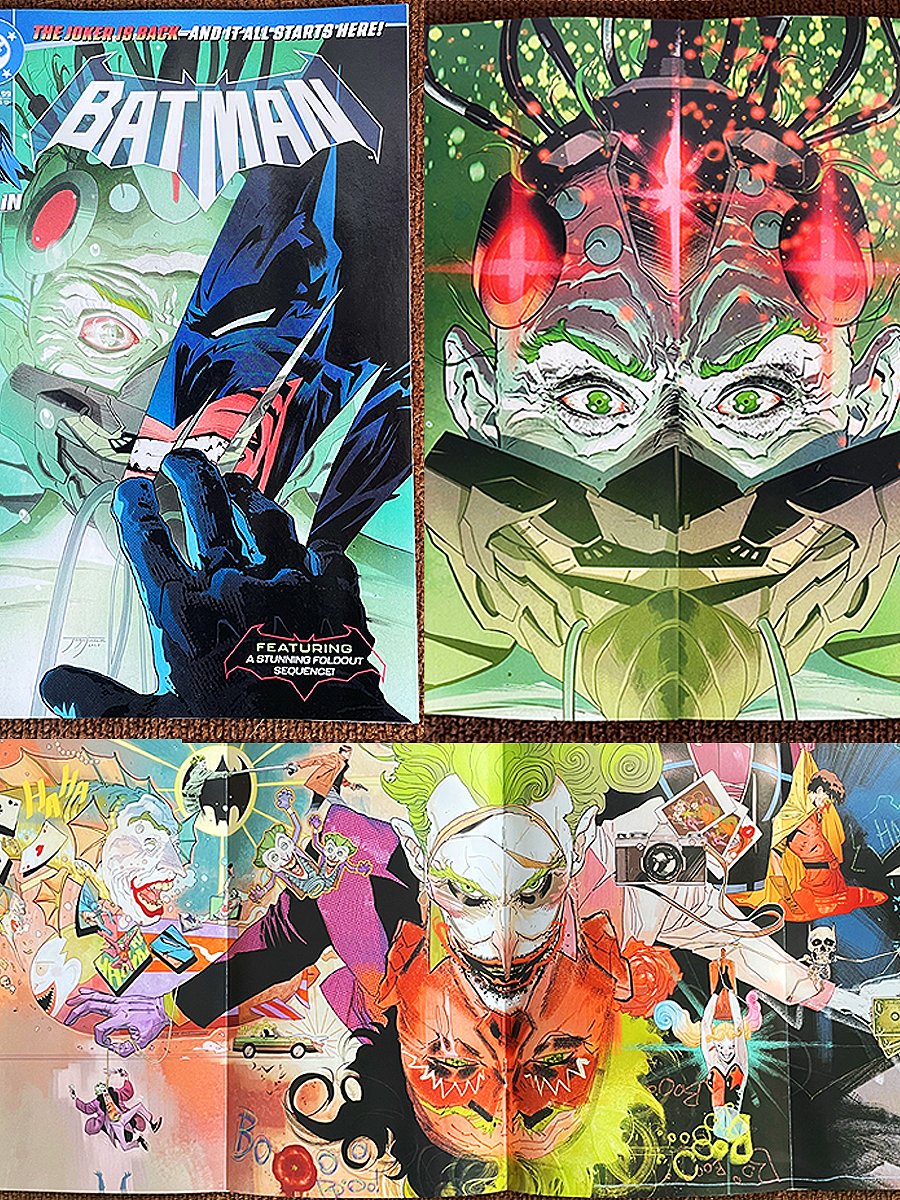 tslashj's tweet image. Finally read Batman #7 by Matt Fraction and Jorge Jiménez. 📖 🦇

Clever use of a gatefold to show Joker remembering his greatest evil hits. 

Love when comics bend the reading experience to tell the story. #batman