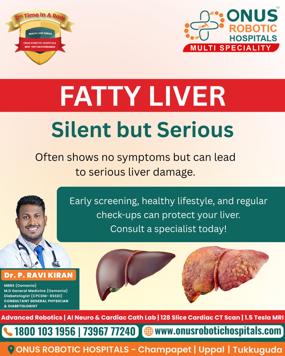 Onushospital's tweet image. Fatty liver is silent but serious ⚠️ Early screening can prevent liver damage. Take action today.
📍 Champapet | Uppal | Tukkuguda
📞 1800 103 1956
🌐 onusrobotichospitals.com

#FattyLiver #LiverHealth #PreventiveCare #ONUS