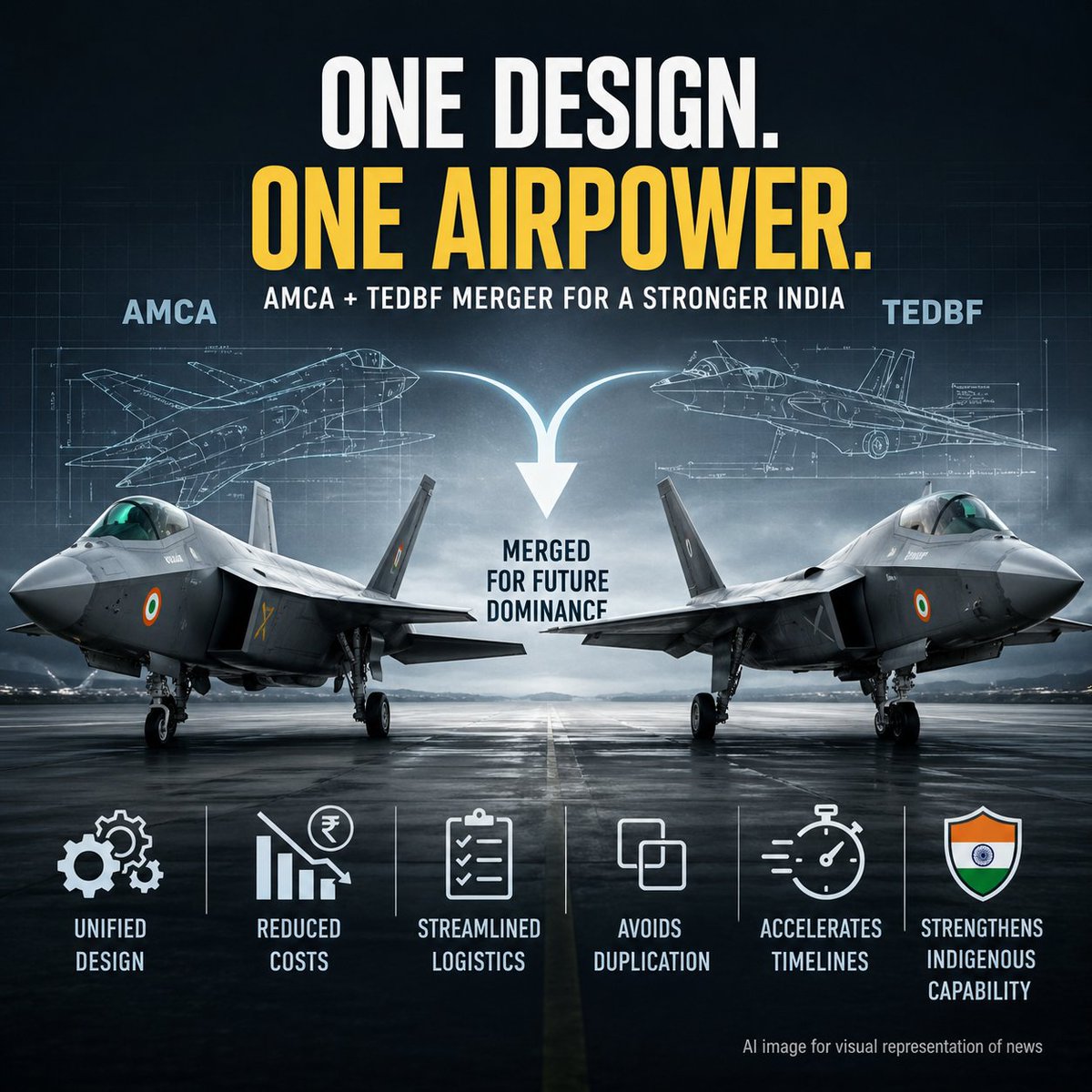 IndianDefenceT's tweet image. Merging AMCA and TEDBF could unify design, reduce costs, streamline logistics, avoid duplication, accelerate timelines, and strengthen indigenous capability, enabling India to achieve efficient, scalable, future-ready joint airpower dominance.

#AMCA #TEDBF #IndianAirForce