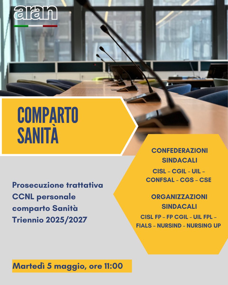 aran_agenzia's tweet image. @aran_agenzia ha convocato Confederazioni e Organizzazioni #sindacali per la prosecuzione #trattativa per il rinnovo del #CCNL del personale #comparto #Sanità - triennio 2025/2027

📆 Martedì 5 maggio ⏰ore 11:00

Per consultare il calendario degli incontri Aran
👉