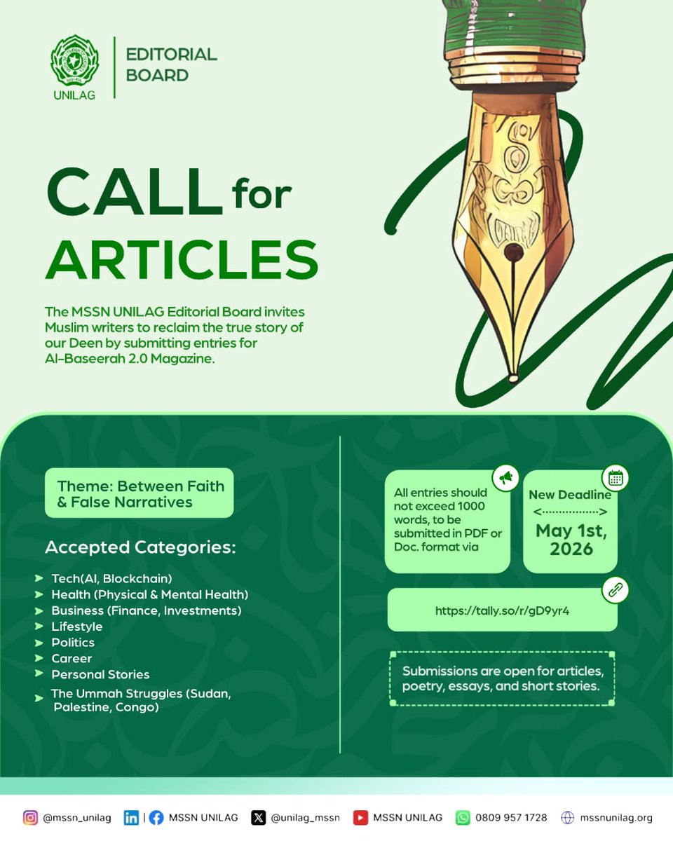 unilag_mssn's tweet photo. 🚨 THIS IS YOUR LAST CHANCE.

Tomorrow at midnight, the submissions portal closes and whoever didn't send their piece will spend the next year wondering "what if I had just sent it?"

Send it TONIGHT!!

We are waiting for you. https://t.co/RLtukmIYBN

©️ MSSN UNILAG https://t.co/6lD3cLscv1