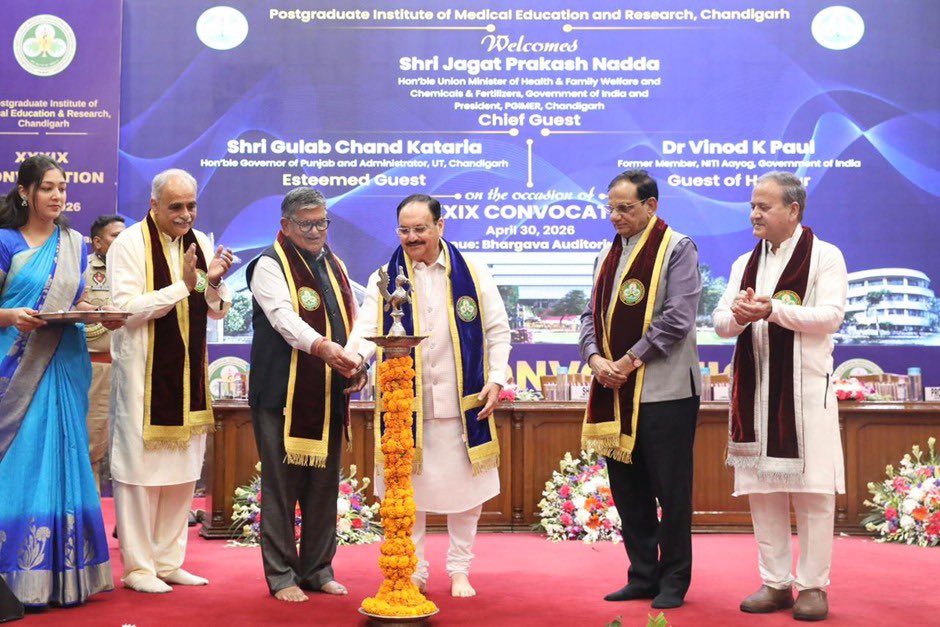 MoHFW_INDIA's tweet image. #HealthForAll

Union Health Minister, Shri @JPNadda addresses 39th Convocation of Postgraduate Institute of Medical Education and Research (PGIMER), Chandigarh

Union Health Minister Highlights PGI Chandigarh’s Legacy, Prestigious Reputation, and Contributions to Pioneering