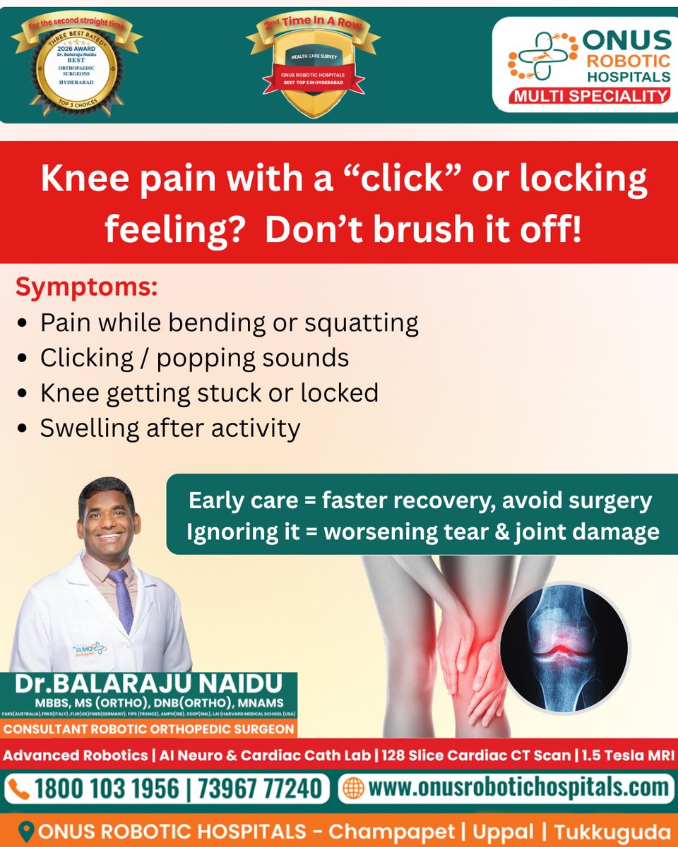 Onushospital's tweet image. Knee pain with clicking or locking? ⚠️ Don’t ignore signs of meniscus or ligament injury. Early care = faster recovery.
📍 Champapet | Uppal | Tukkuguda
📞 1800 103 1956
🌐 onusrobotichospitals.com

#KneePain #MeniscusTear #Orthopedic #ONUS