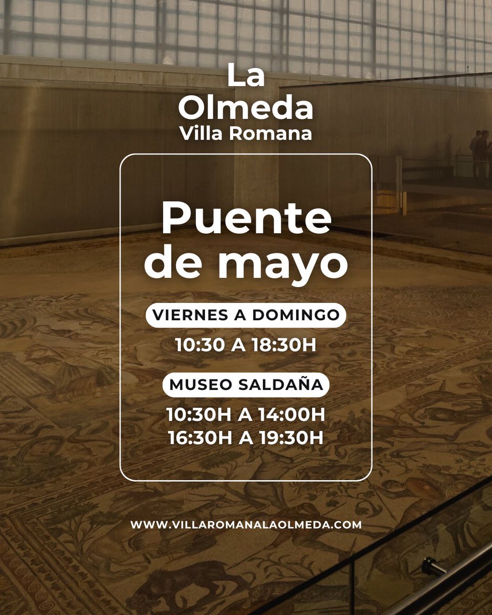 vrolmeda's tweet photo. 🙂🧳 ¡Llega el puente de mayo y te ofrecemos una escapada con historia!

📍La #VillaRomanaLaOlmeda y su Museo en #Saldaña abren en horario habitual para que te adentres en una de las villas romanas más relevantes de la #antiguaRoma en Hispania. 

📲 https://t.co/G9dybKs6Vz https://t.co/xCWKaGZPqU