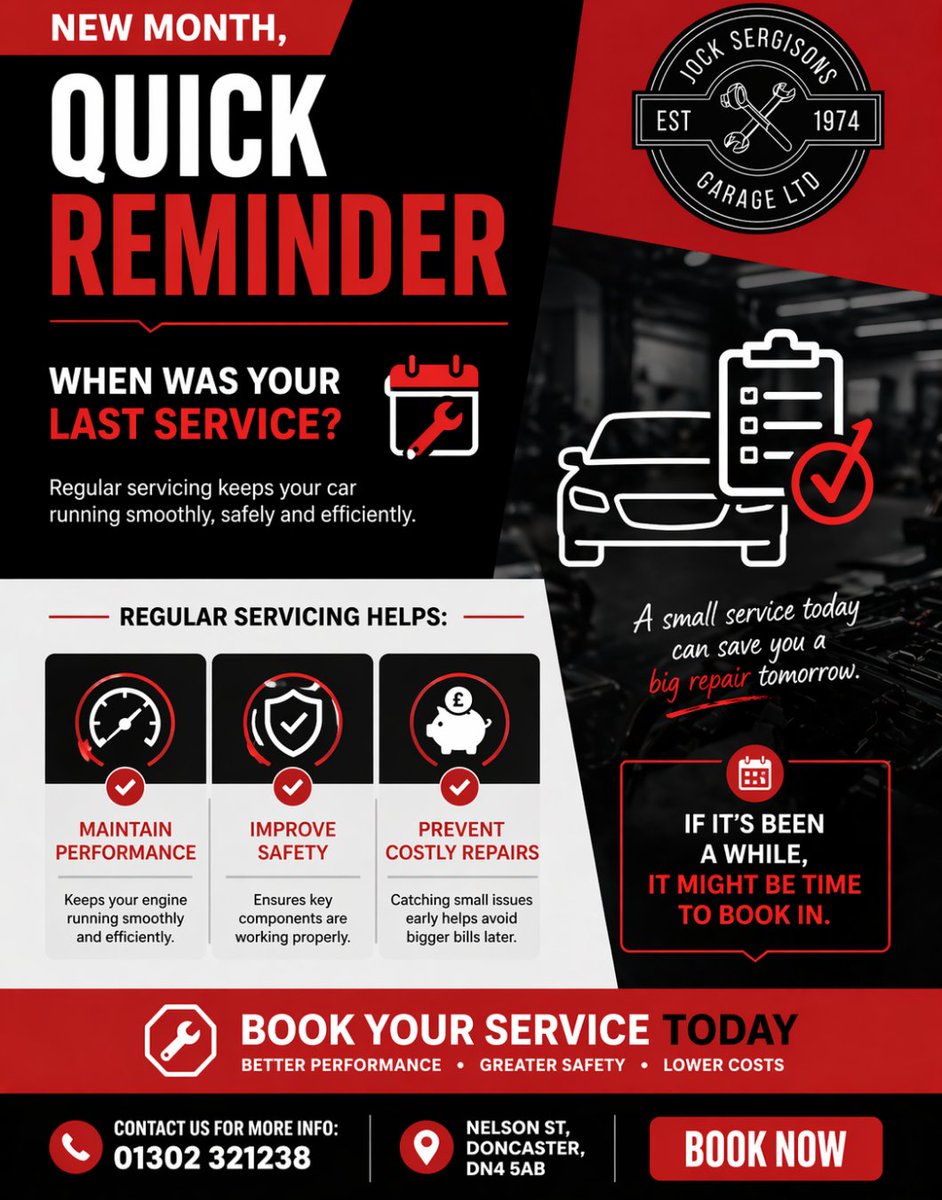 JocksGarage's tweet photo. New month, quick reminder.

When was your last service?

Regular servicing helps:
✔ Maintain performance
✔ Improve safety
✔ Prevent costly repairs
If it’s been a while, it might be time to book in.
#CarServicing #VehicleMaintenance #GarageTips #UKDrivers #JocksGarage https://t.co/8bmc1xZNIN