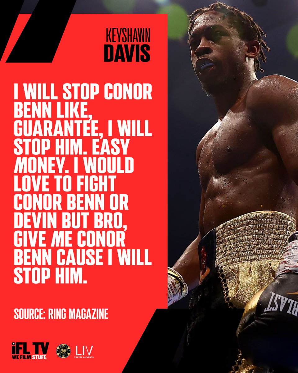 IFLTV's tweet image. DAVIS CALLS OUT BENN ‼️

The undefeated American star Keyshawn Davis has called out British rival Conor Benn claiming that he will stop him if they fought 👀

Is that a fight that you would like to see? 

#KeyshawnDavis | #ConorBenn | #BoxingNews