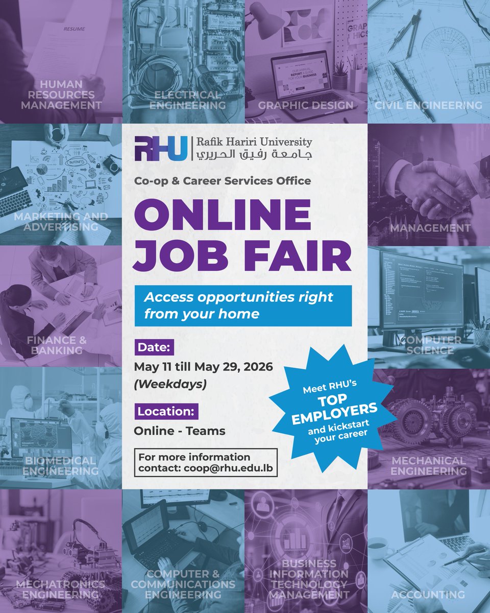 RHU_Lebanon's tweet image. Bridging knowledge with opportunity.
RHU’s Online Job Fair and connect with top employers from home. May 11–29, 2026 (weekdays).
Explore careers, build connections, and take your next step.
#RHU #OnlineJobFair #CareerServices