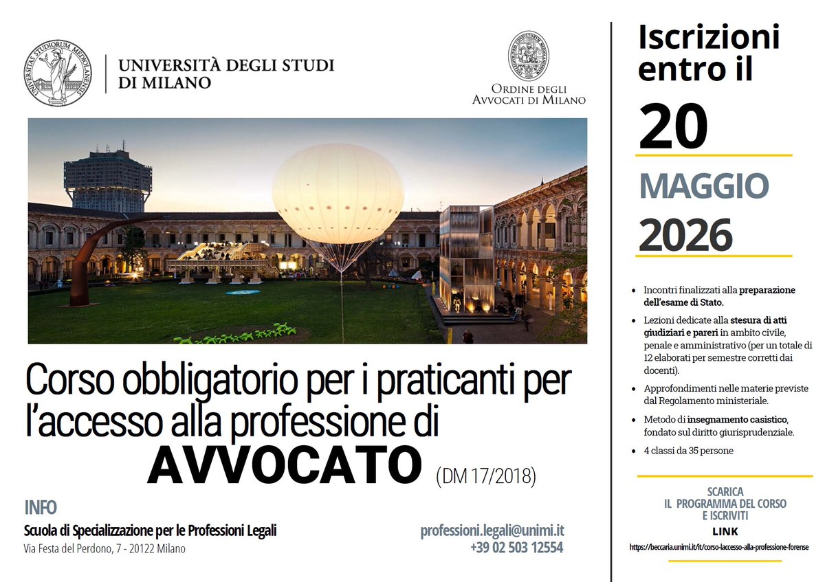 DSGBeccaria's tweet photo. Corso per l'#accesso alla professione forense dell'@Università degli Studi di Milano #Iscriviti entro mercoledì 20 maggio 2026.
 #Iscrizioni:  https://t.co/01PWjLs9BL || @Corriere @Praticanti @sole24ore @Unibocconi https://t.co/QsjNTkTfd9