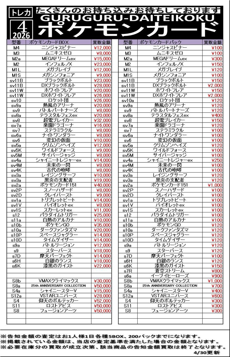 hachiouji_tcg's tweet image. ポケカ【BOX/パック 買取情報‼】4/29(版)           
#BOX #パック 買取してます📷      
各種BOX買取中 📷
#ポケカ 
#ポケモンカード 
#八王子 
#相模原 
#買取