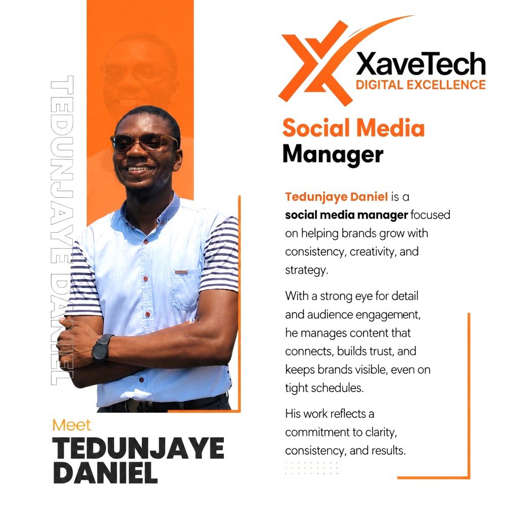 xavetech1's tweet photo. Meet Tedunjaye Daniel…. Xave Tech’s Social Media Manager 🫴🏾🧡🔥 https://t.co/RA4afulg5I