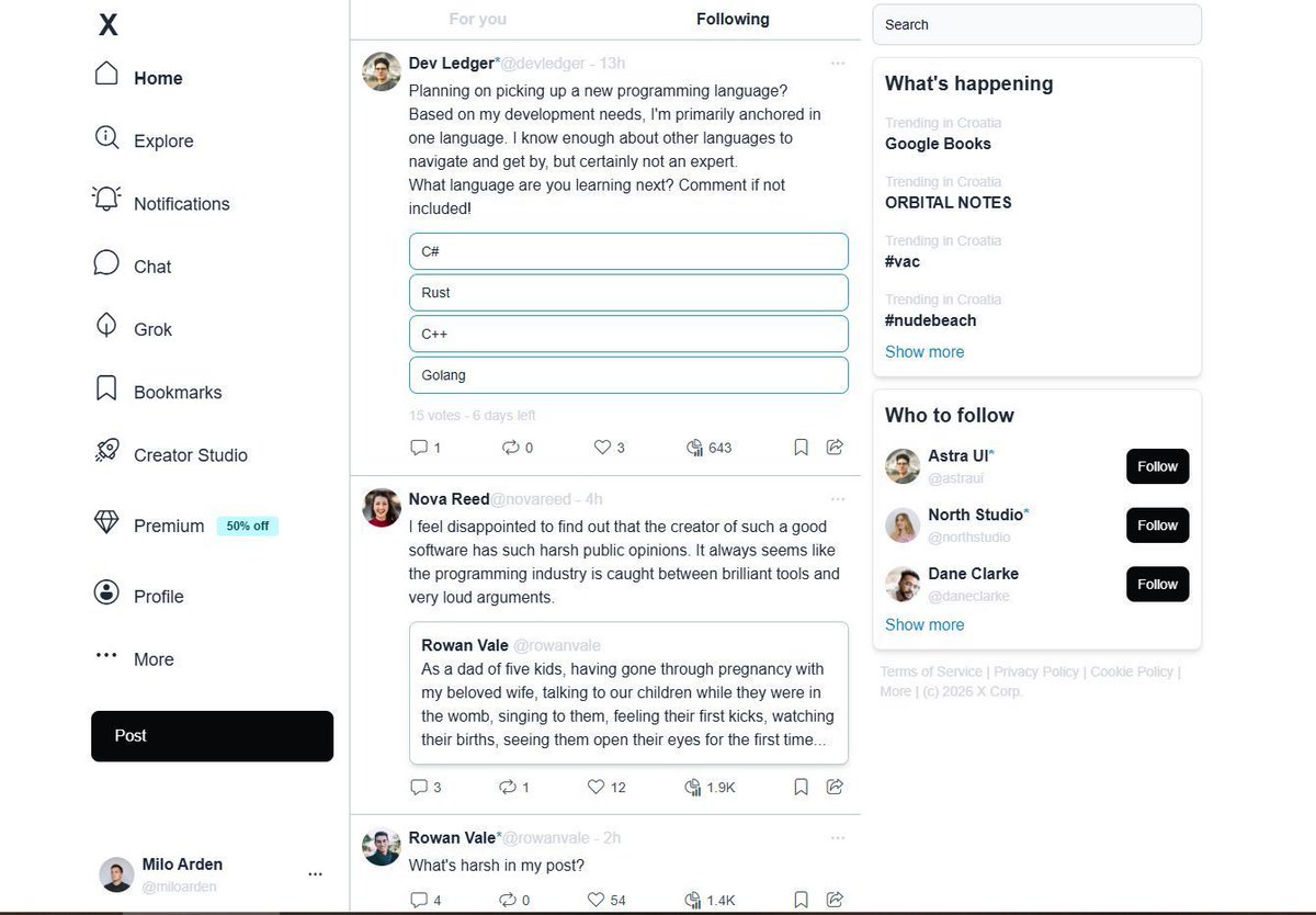 Blazorise's tweet photo. Next up on our Blazor hacks with Blazorise series is a social media UI, namely Twitter/X clone. 

The idea is to show you everything you can develop using Blazorise components.

Check out all the details and how-to guide in the link: https://t.co/JETjapfDqJ https://t.co/Z9zxv474nS