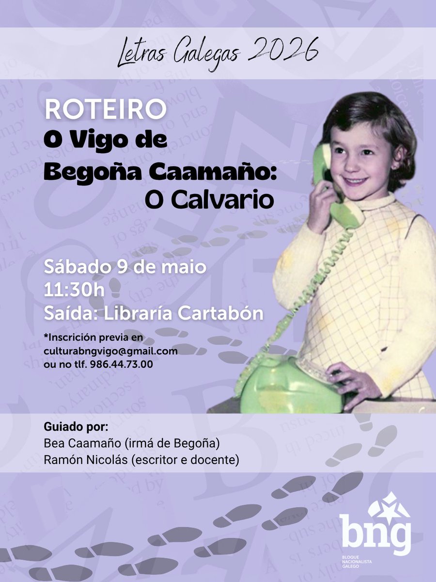 bngvigo's tweet photo. 🟣ROTEIRO 
O Vigo de Begoña Caamaño: O Calvario

➡️Este sábado 9 de maio ás 11:30h dende a libraría Cartabón 

👥 Guiado por Bea Caamaño (irmá de Begoña) e por Ramón Nicolás (escritor e docente)

📝 Inscrición previa no correo culturabngvigo@gmail.com ou no tlf. 986 44 73 00