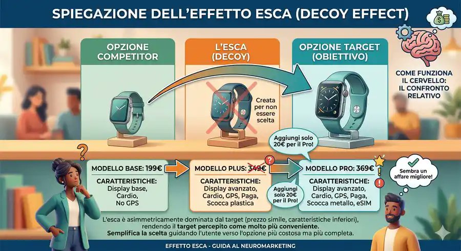 RiccardoE's tweet photo. L’effetto esca è un bias cognitivo molto usato nel persuasive copywriting che introduce un’opzione, volutamente meno conveniente ma simile a una delle altre, che influenza la scelta dell’utente. https://t.co/3PPRriUuHb https://t.co/fC7MyjziGc