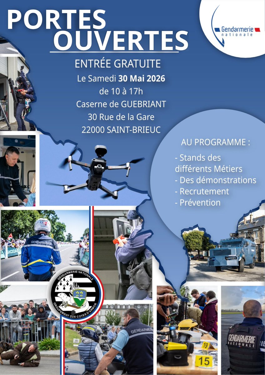 Gendarmerie_022's tweet image. #Agenda La @Gendarmerie_022 vous ouvre de nouveau ses portes! 

➡️ le 30 mai 2026
➡️ de 10h00 à 17h00
➡️ 30 rue de la gare à St Brieuc

Venez nombreux! 😊