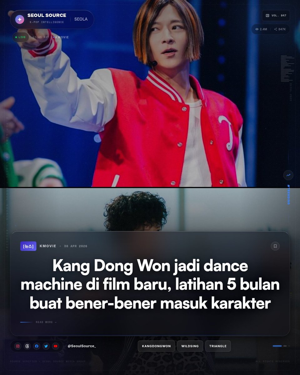 kpopdankdramaid's tweet image. Kang Dong Won latihan koreografi 5 bulan buat film barunya "Wild Sing"! Mainan karakter idol jago windmill &amp;amp; headspin, serius banget transformasinya. Film ini tayang 3 Juni, siap-siap! #KangDongWon #W

 Read More: threads.com/@seoulsource_
-Seola