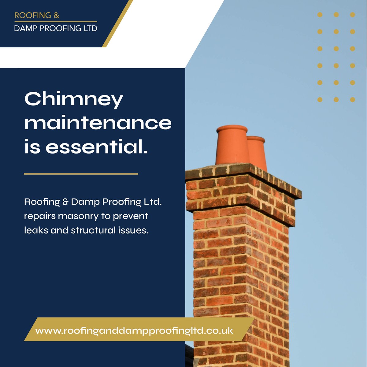 RoofDampProof's tweet image. 🧱 Chimney maintenance is essential for safety and efficiency. 

Roofing &amp;amp; Damp Proofing Ltd. repairs masonry to prevent leaks and structural issues.

Learn more: roofinganddampproofingltd.co.uk

#ChimneyCare #RoofingExperts #RoofingAndDampProofingLtd