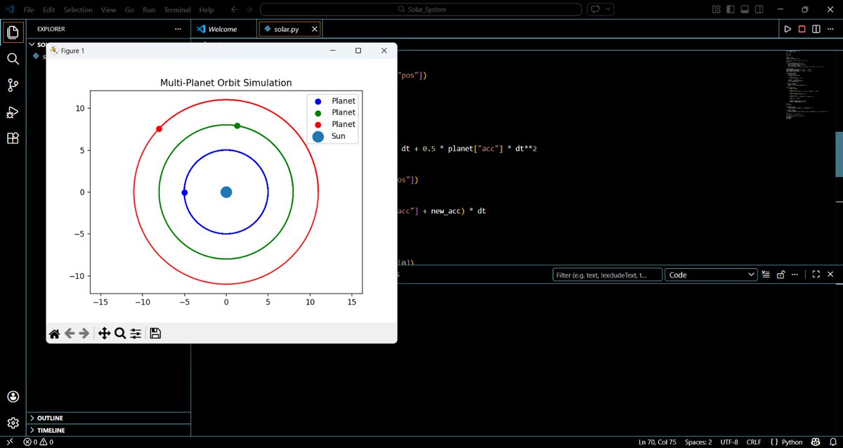 Palit54116Sayan's tweet photo. Day 5 🌌
From learning about space…
to building my own solar system in Python.
Multiple planets. Stable orbits. Real physics.
This journey just got real 🚀 https://t.co/q5LIkMyObe