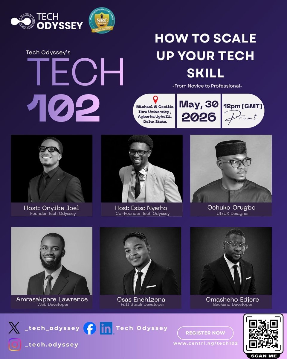 _tech_odyssey's tweet image. Tech Odyssey 102 is here!
From novice to pro — learn, connect &amp;amp; grow in tech.

📅 May 30 | ⏰ 12PM
📍 MCIU, Ughelli

Register now 👉 centrl.ng/tech102

#TechOdyssey #Tech102 #TechNigeria #LearnTech