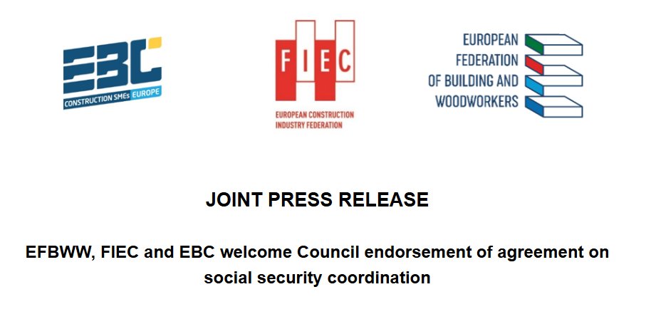 EBC_SMEs's tweet image. 📢 883 Regulation revision: EBC, @FIEC_Brussels and @EFBWW_ welcome @EUCouncil endorsement on #socialsecuritycoordination. 

Mandatory prior #notification for all #construction postings confirmed. 

Next step: @Europarl_EN approval. 

➡️ More: shorturl.at/XwZ4S
