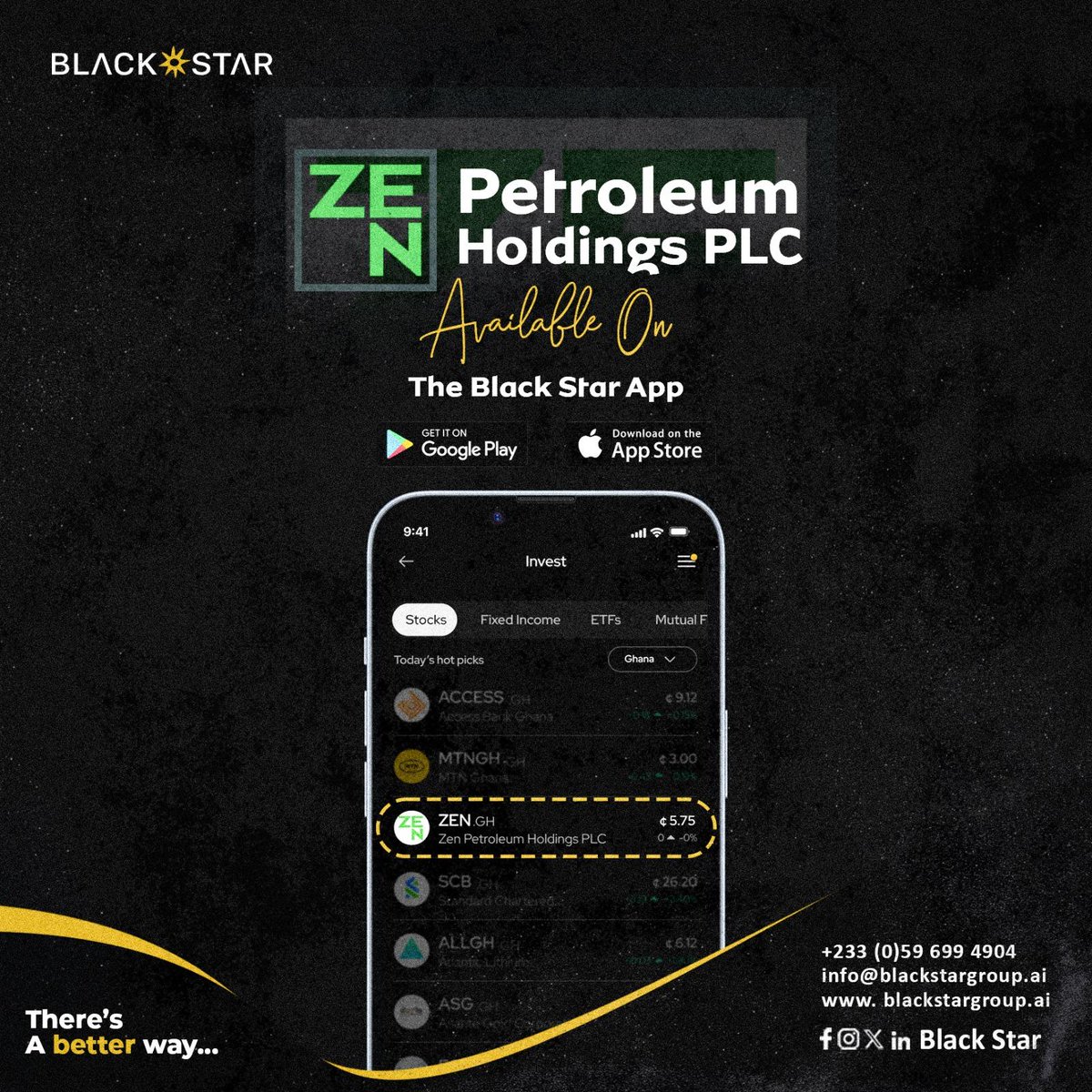 Missed the ZEN IPO?

ZEN is now trading on the GSE and you can still take a position through the Black Star App.

#ZENIPO #BlackStarGroup #Investment #FinancialLiteracy #investor #ghanatiktok #INVESTMENT #public