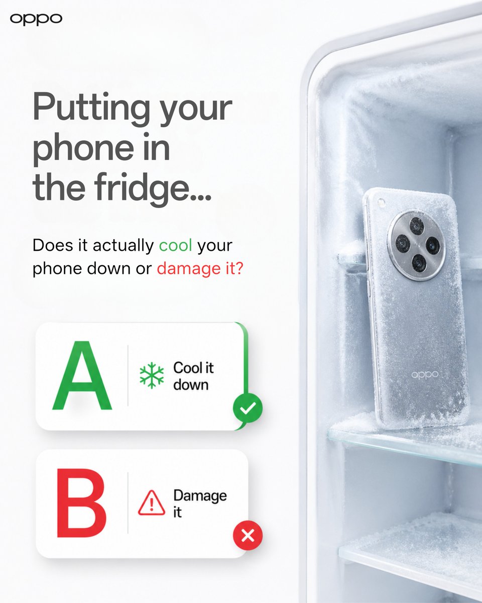OPPOCareIN's tweet image. Cooling hack or damage trap? ❄ Drop your answer in the comment section below.

#OPPOCare  #PhoneCare #SafeUsage