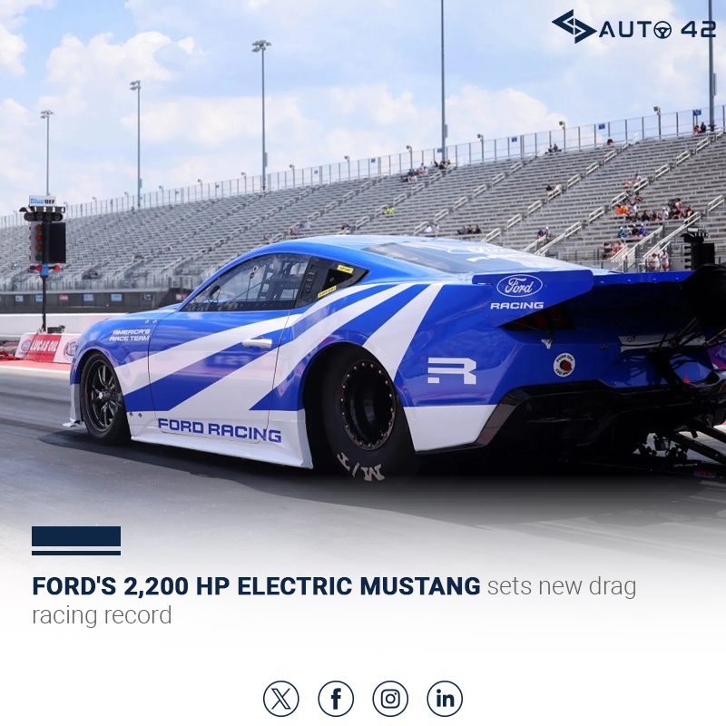 Auto42india's tweet image. Ford Racing’s Mustang Cobra Jet 2200 clocks 6.87s quarter-mile at 356 km/h, setting new EV drag record.

#FordRacing #Mustang #ElectricCar #EV #DragRacing #SpeedRecord #AutoNews #Auto42 #AutomobileNews