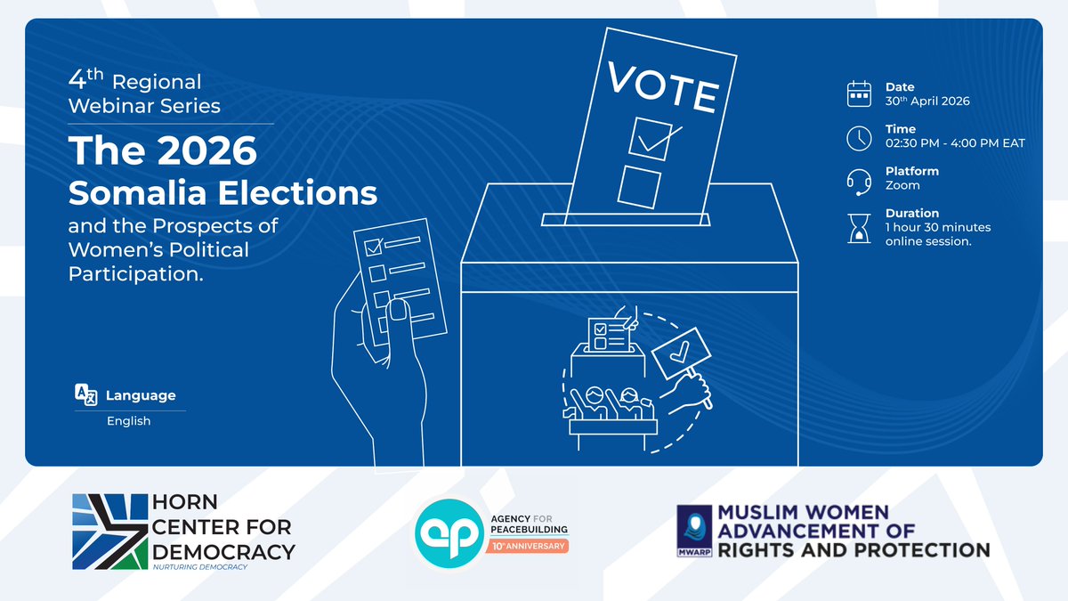 HC4Democracy's tweet photo. Join Us Today for our 4th Webinar Series!
🗓 April 30
⏰ 2:30–4:00 PM (EAT)
🌐 English
💻 Zoom-https://t.co/JbTkuFWcQj
@HC4Democracy, @agencypb &amp; @Mwarpkenya, will explore key issues shaping women’s political participation in Somalia’s upcoming election. https://t.co/TNRgNClhgw