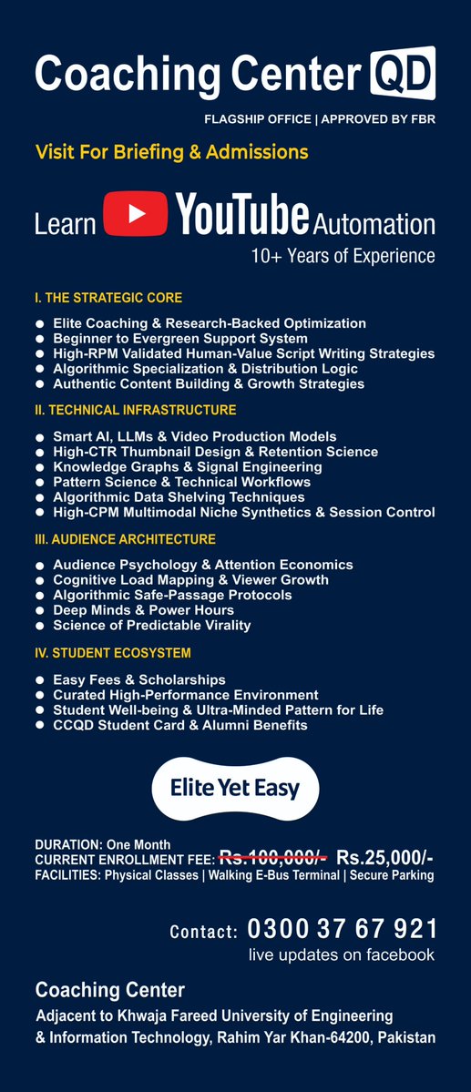 CoachingCntrQD's tweet image. For 10 years, we’ve refined the YouTube Algorithmic Specialization in silence. Today, we are handing you the map. This leaflet contains the core pillars of the CCQD Ecosystem—from High-RPM Human-Value Modeling to Retention Science.

​#CCQD #YoutubeAutomation #AdmissionsOpen