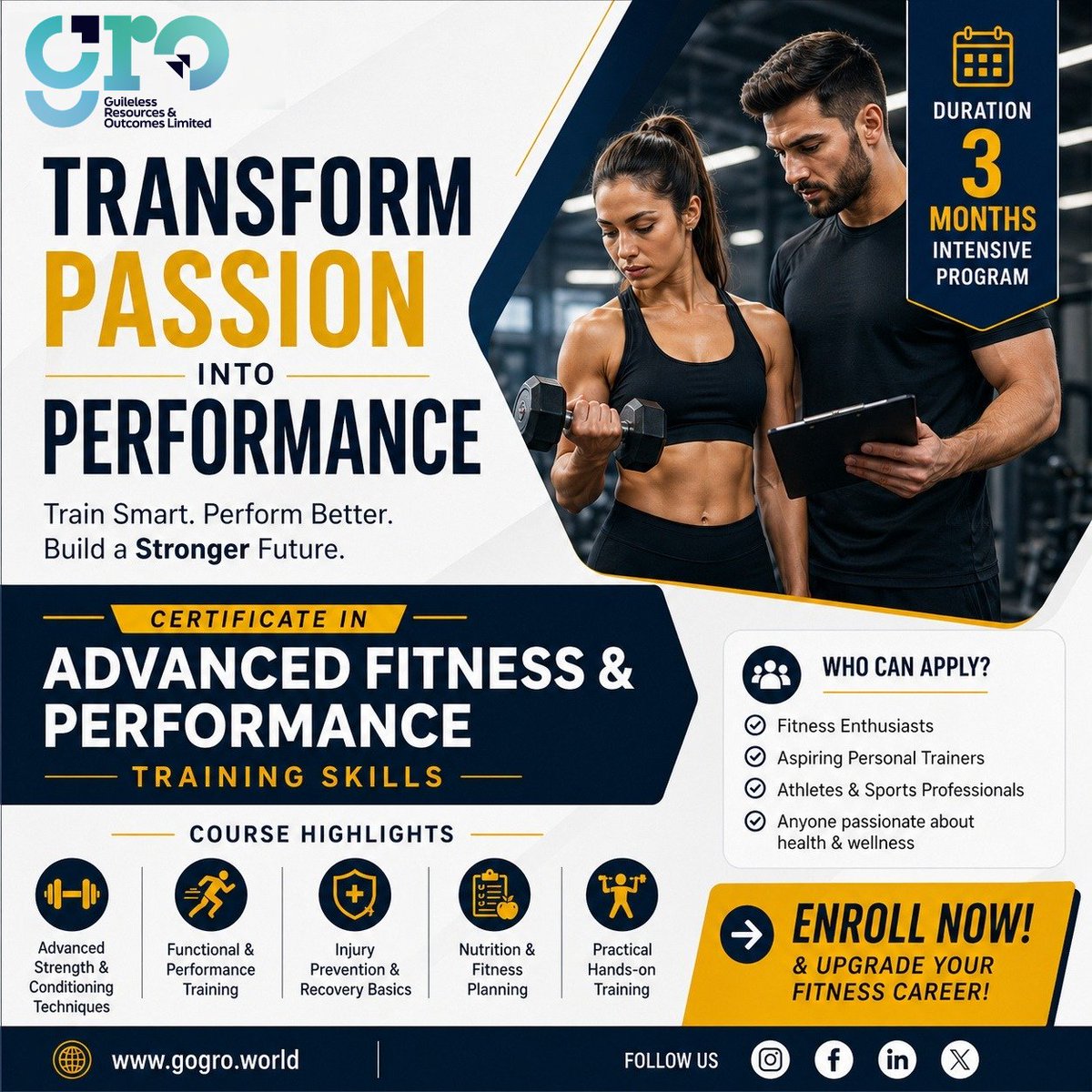 Groeducation's tweet image. Turn passion into performance 

Join our 3-month Advanced Fitness &amp;amp; Performance Training certification and build a strong fitness career.

Enroll now 
gogro.world⁠

#Fitness #CareerGrowth #PersonalTrainer #Upskill #FitnessTraining