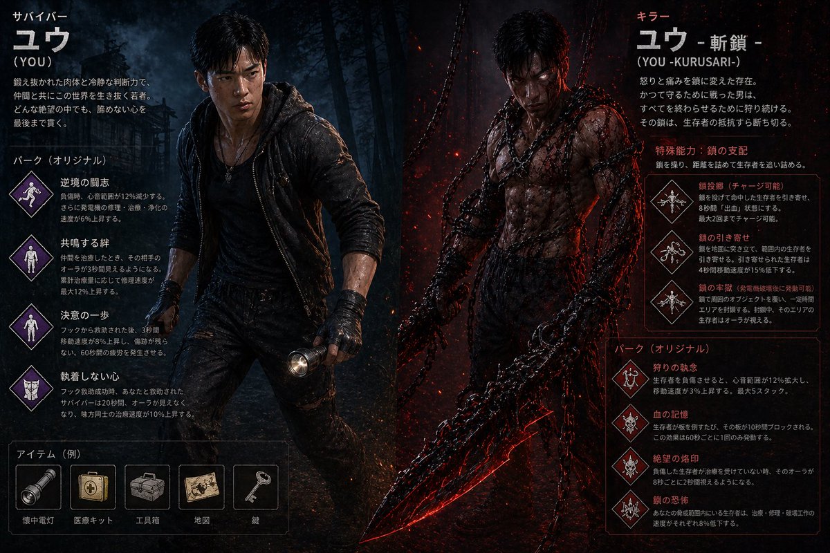 dbd19930320's tweet photo. 俺をDbDの世界に入れてみた
サバイバーとキラー両方いけるらしい笑
パークも全部オリジナルで作ってみたんだけどどう？笑

どっち使う？👀

#DbD #DeadbyDaylight #ゲーム好きと繋がりたい https://t.co/A3ml6MFtOV