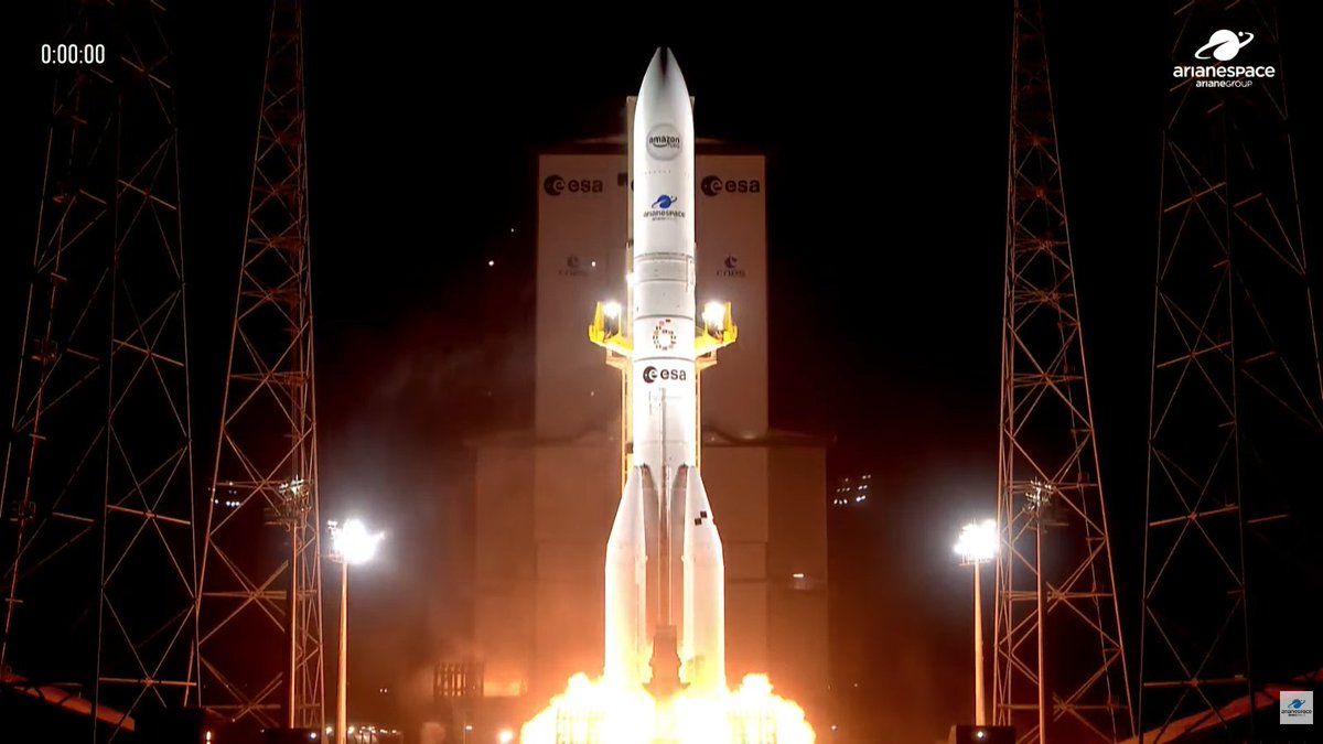 ShuttleAlmanac's tweet photo. LIVE - LIFTOFF of Ariane-6 VA268 carrying a compliment of 28 Amazon satellites. @ArianeGroup @Arianespace https://t.co/p00u250eEC