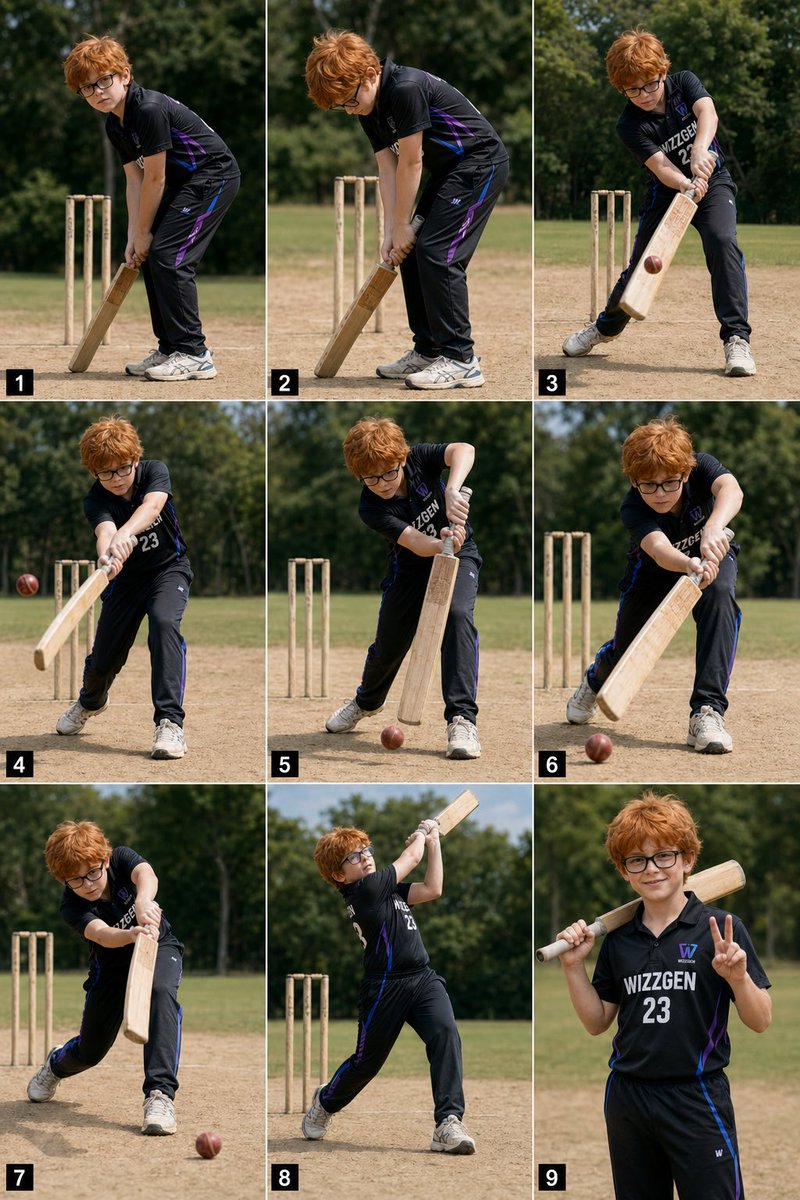 9-Panel Boy Cricket Action Collage