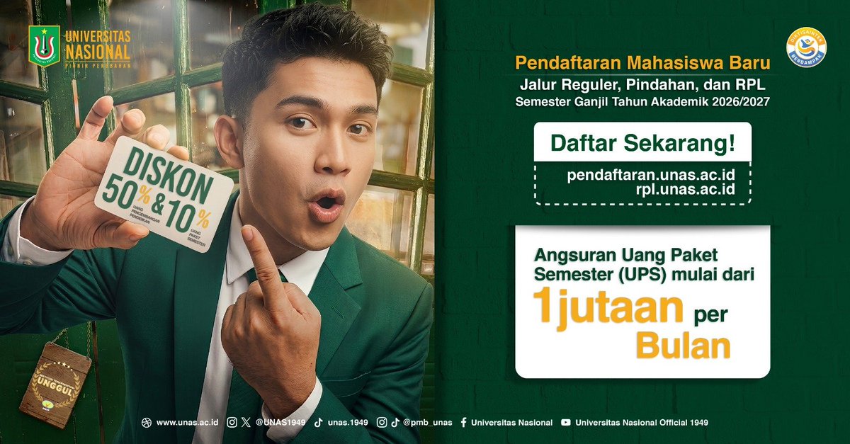 UNAS1949's tweet photo. Kuliah elit, budget irit? Bisa banget di UNAS! ✨

POV: Kamu pengen lanjut kuliah di kampus Unggul, tapi nggak mau dompet nangis. Relatable banget kan? 💸

👉 Klik https://t.co/iidAdj24Ir atau https://t.co/mjp2XEZUzF untuk amankan kursi kamu! https://t.co/pili2bfvBd