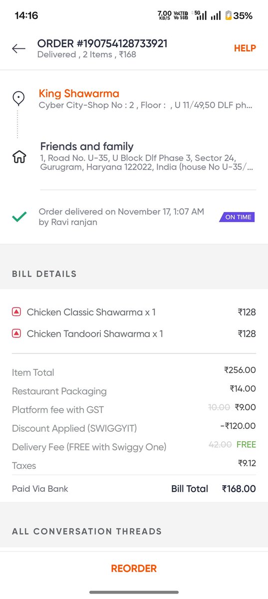 AnubhavMathur4's tweet photo. @Swiggy I cancelled an order on Nov 17 due to an issue &amp; reordered within a minute, yet ₹294 is still charged as a cancellation fee. Your support promised resolution in 24 hrs but no update till date. This is blocking my account from placing orders. Please resolve ASAP. #Swiggy https://t.co/2VUHocSvxe