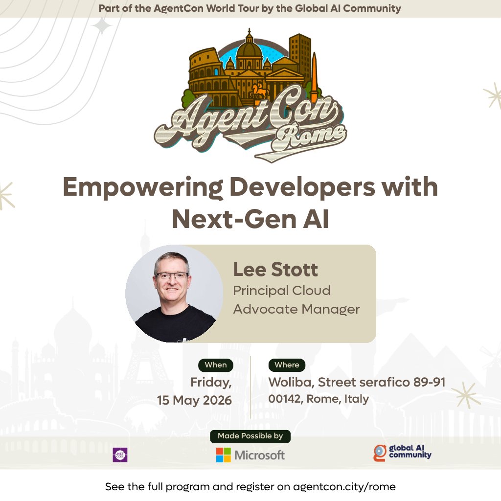 lee_stott's tweet image. 🇮🇹 Heading to #AgentCon Rome agentcon.city/Rome to keynote on Empowering Developers with Next‑Gen AI.  
Agents, orchestration, real‑world patterns 
 this is where AI moves from experiments to engineered systems.  
Let’s build the future together.  

#AIAgent #Foundry #GitHub