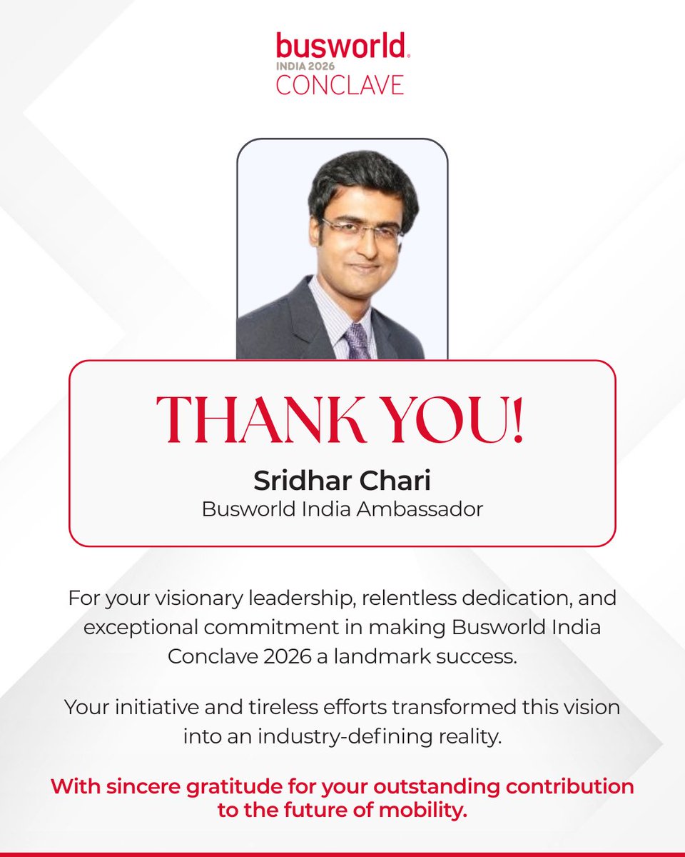 Busworld_indiaX's tweet image. Busworld India Conclave 2026’s success was driven by Sridhar Chari’s exceptional leadership, dedication, and vision. Thank you for making this landmark industry milestone possible. #BusworldIndia #SridharChari #FutureOfMobility