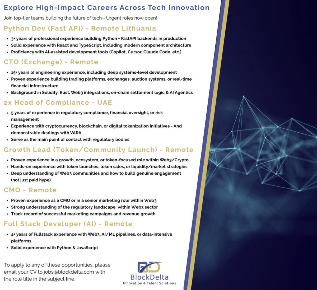block_delta's tweet photo. Currently hiring for a number of top roles at @block_delta - Top Tier projects &amp; fantastic career opportunities. Apply via jobs@blockdelta.com in the strictest confidence. We have placed almost 500 candidates into #crypto and #aijobs over recent years. 

#cryptojobs #bitcoin #ai https://t.co/7EZKS34rbD