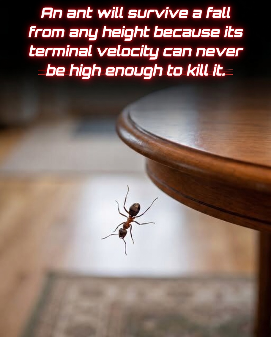 Rainmaker1973's tweet photo. It’s physically impossible for an ant to fall to its death.

Thanks to their tiny size and incredibly low mass compared to their surface area, ants reach terminal velocity almost instantly when falling. This is the maximum speed they can possibly achieve, and it’s harmlessly slow.

Even from a height of 100 feet or more, an ant hits this safe speed in just a few seconds and then floats downward at a pace no stronger than a light breeze, no matter how far it falls.

This superpower comes from the perfect balance between gravity and air resistance (drag). As speed increases, drag grows until it exactly cancels out the ant’s weight, creating a gentle, constant descent. Some observations even suggest that the longer they fall, the higher their survival rate becomes.

In essence, ants have mastered the physics of falling. What would be deadly for larger animals is nothing more than a minor tumble for them — a brilliant example of nature’s adaptation at the smallest scales.