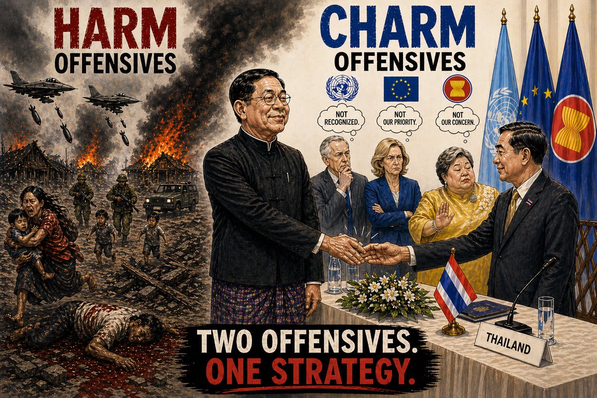 ChinHumanRights's tweet image. Two offensives. One strategy.
Harm at home. Charm abroad.
#Myanmar #WhatsHappeningInMyanmar #HumanRights #ASEAN

english.dvb.no/myanmars-milit…