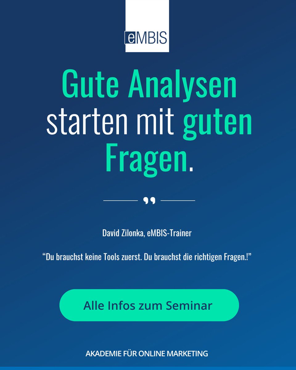 embis_gmbh's tweet image. Dein #GA4 Dashboard hat viele Daten – aber keine klare Richtung? 🤯 Ohne klare Frage verlierst du dich in Reports. Mit den richtigen erkennst du Muster, verstehst Zahlen &amp;amp; triffst Entscheidungen ✨ Lern genau das im #GoogleAnalytics #Seminar 👉 embis.de/seminare/googl…