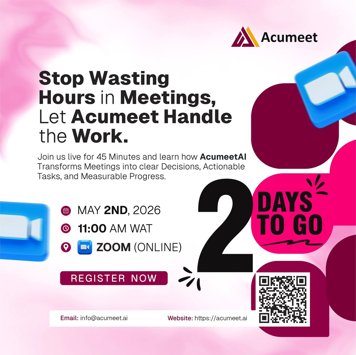 AcumeetAi's tweet image. ⚡ 2 DAYS TO GO

In 2 days, join us LIVE to see how AcumeetAI helps teams turn conversations into clear action automatically.

📅 May 2, 2026
⏰ 11:00 AM (WAT)
📍 Zoom | FREE Access

Save your spot now: acumeet.ai/webinar

#AcumeetAI 
#2DaysToGo 
#Webinar