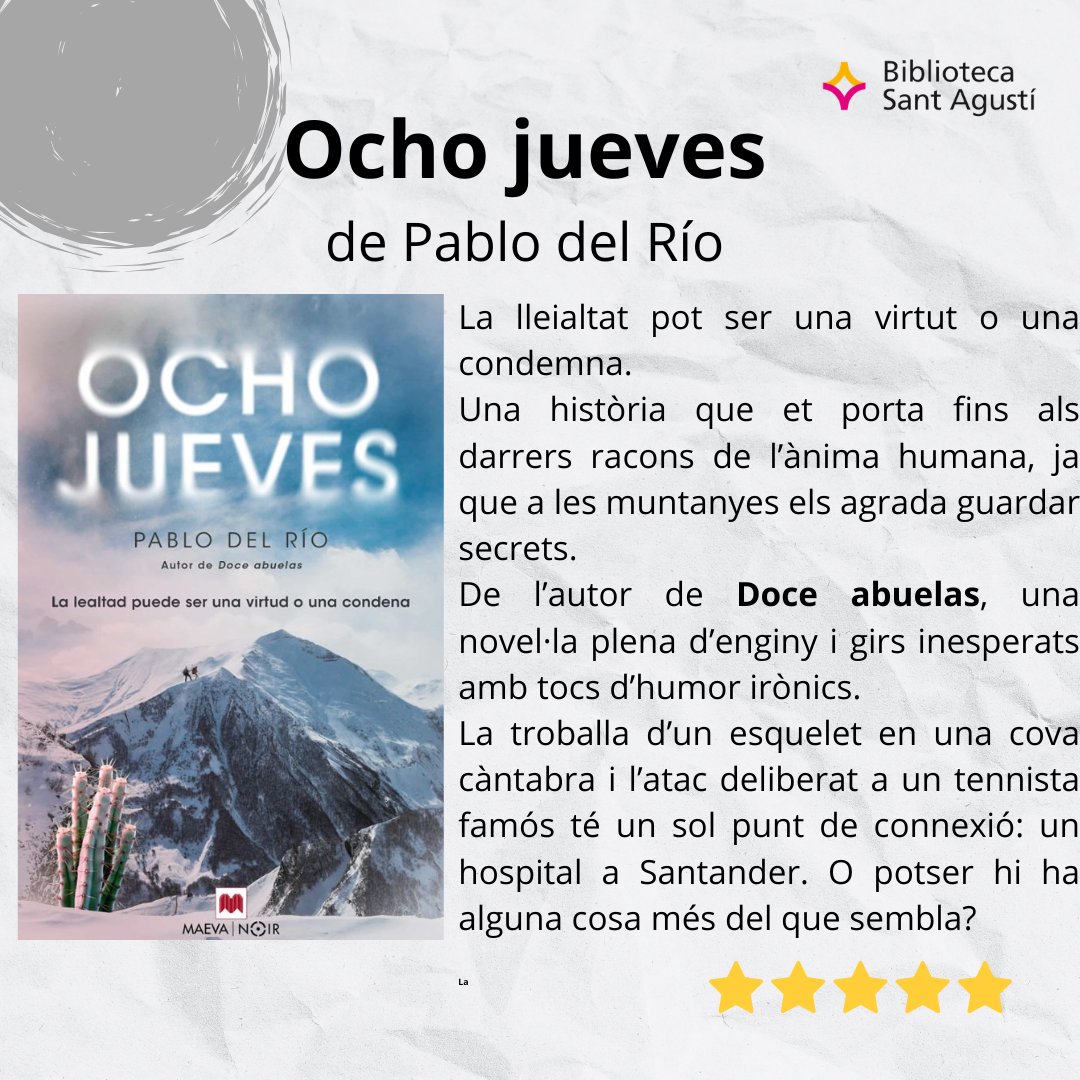 BiblioSeuUrgell's tweet image. Recomanaciódeldia “Ocho jueves” de Pablo del Río

#biblioteca #lecturarecomanada #novella #quèfemalesbiblios @ajlaseu #culturalaseu  @bibliotequeslle @bibliotequescat