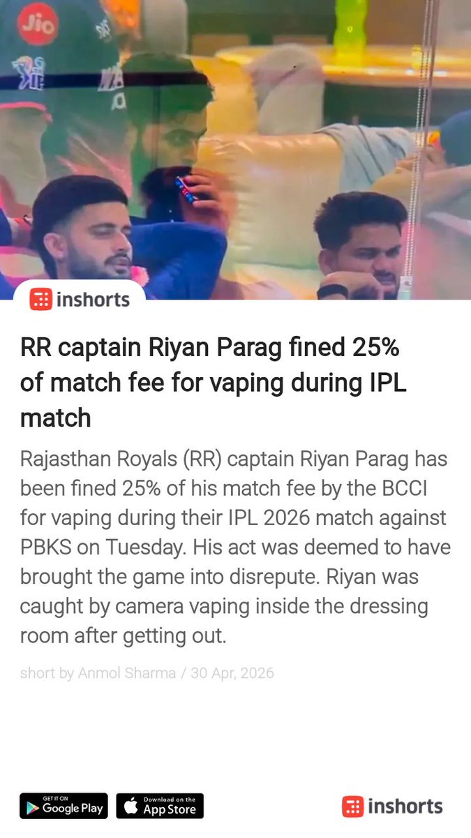 vapeindia's tweet photo. Fined for vaping in dressing room which isn't allowed, but atleast not any of false "vape use is banned in India so he'll go to jail" nonsense being run in some uninformed media.
#riyan @BCCI @IPL https://t.co/nBEJwTES4E